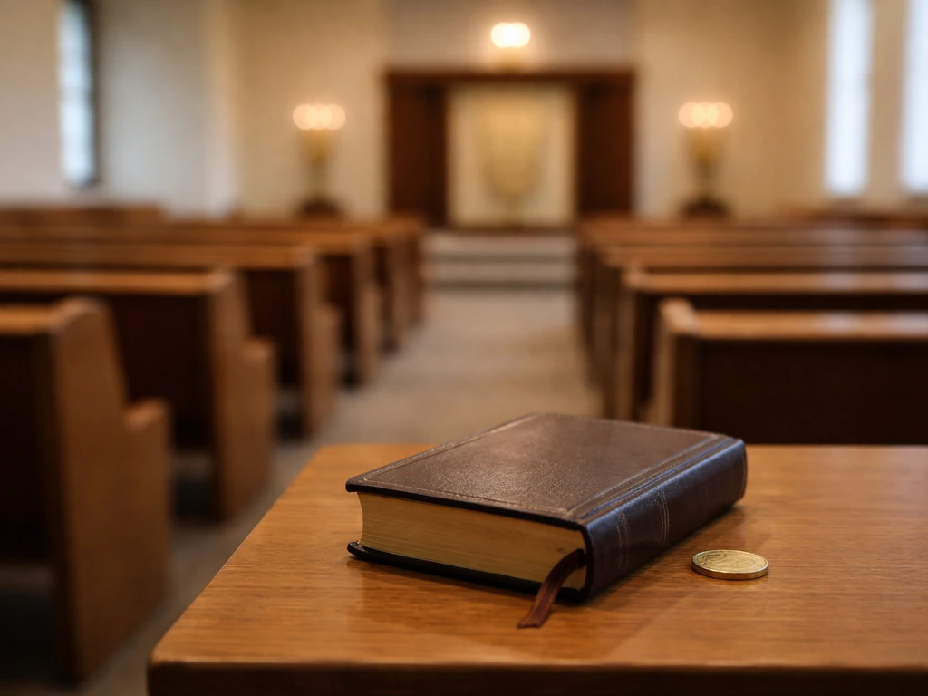 Minimal photo of a synagogue interior with a closed leather prayer book and a single coin on a wooden table.