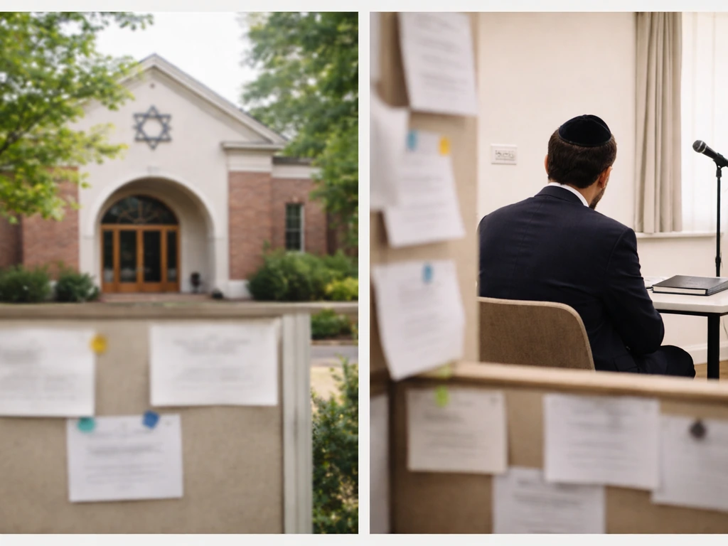 Minimal side-by-side collage showing two different synagogue/community settings with an anonymous rabbi-like figure.