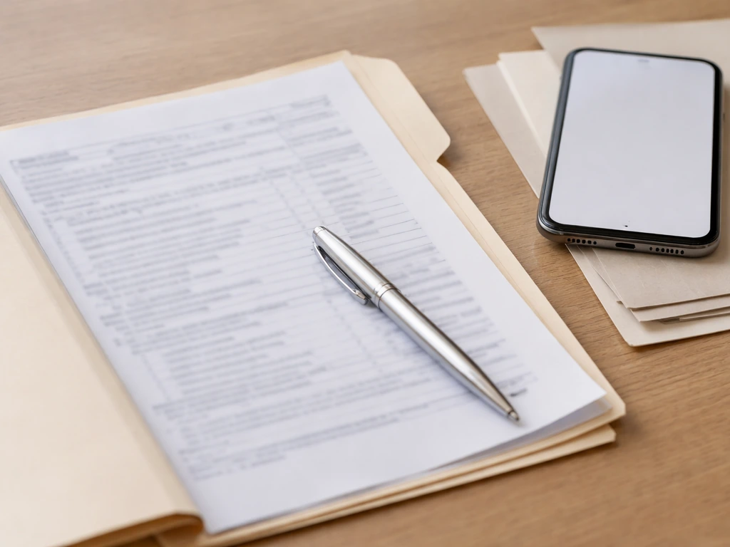 Close-up of blurred IRS Form 990-style documents on a simple desk with a pen and phone.