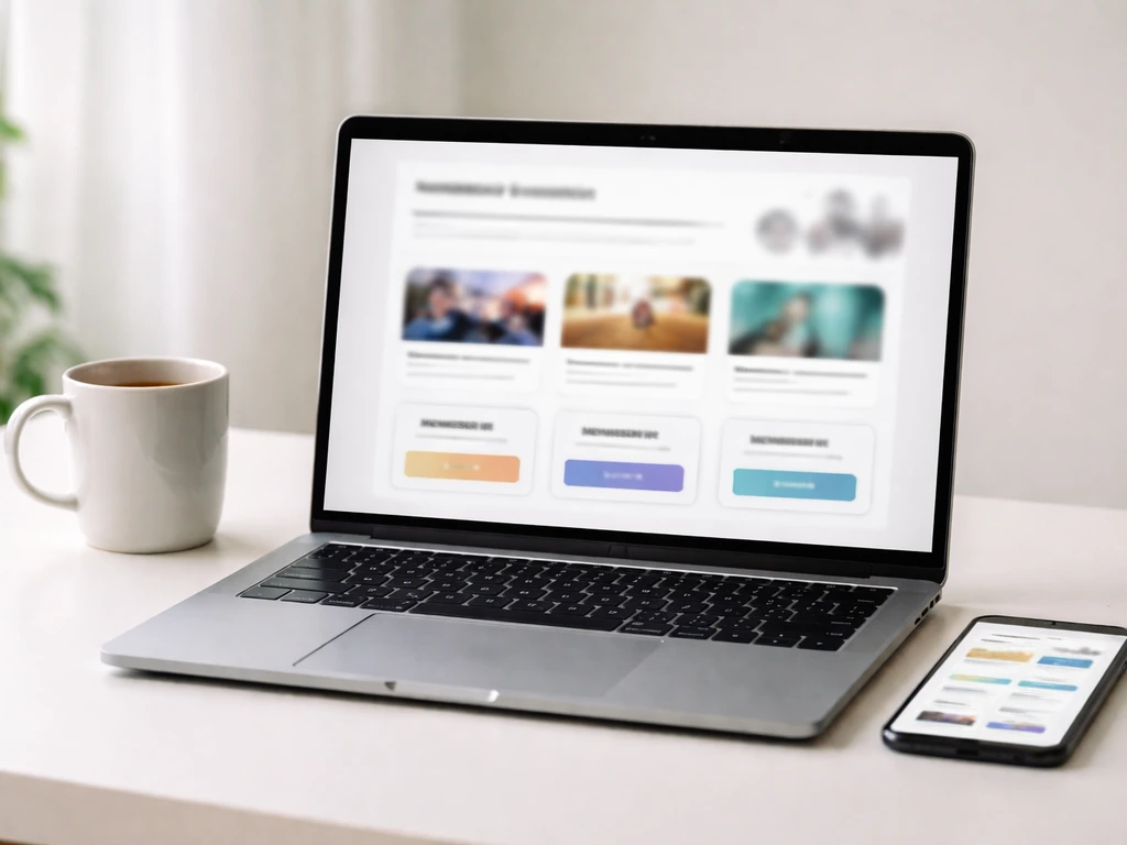 Laptop and phone on a desk with blurred course and membership page-style layouts, no readable text.