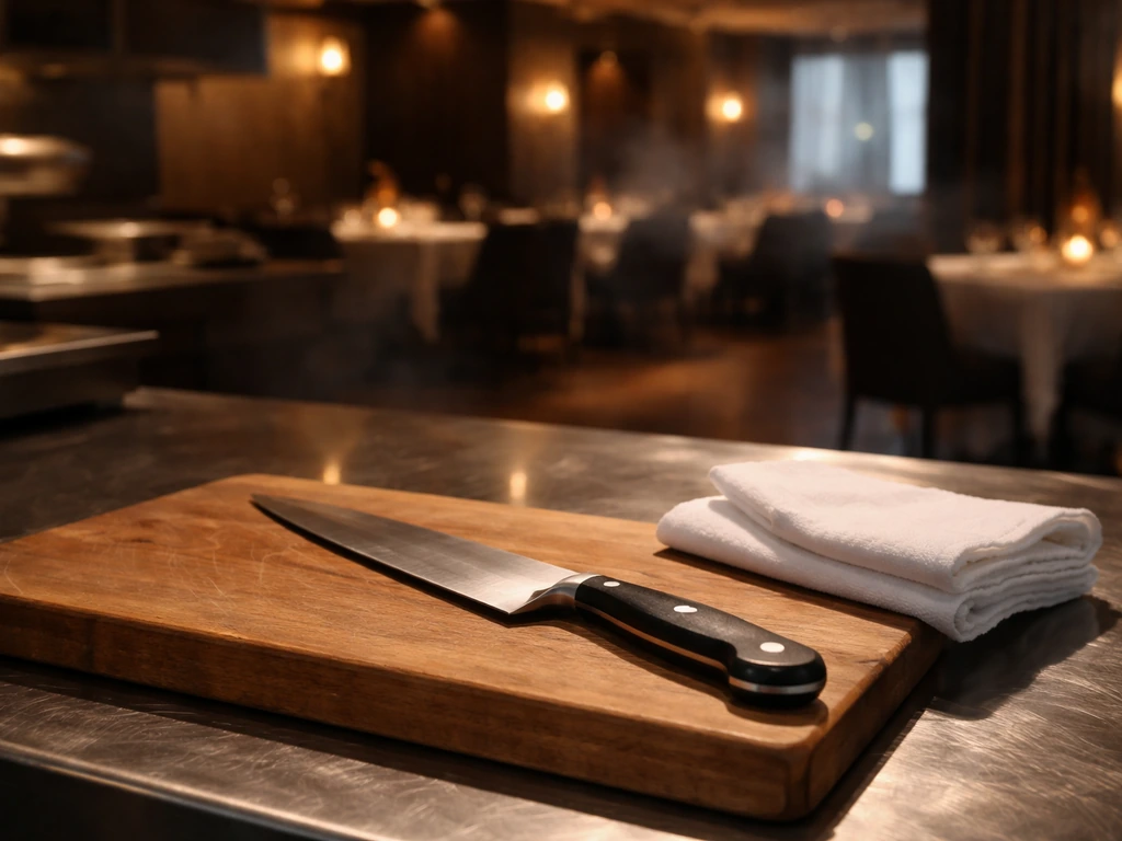 Moody kitchen workspace with a chef’s knife and a blurred fine-dining dining room, symbolizing high-end culinary success