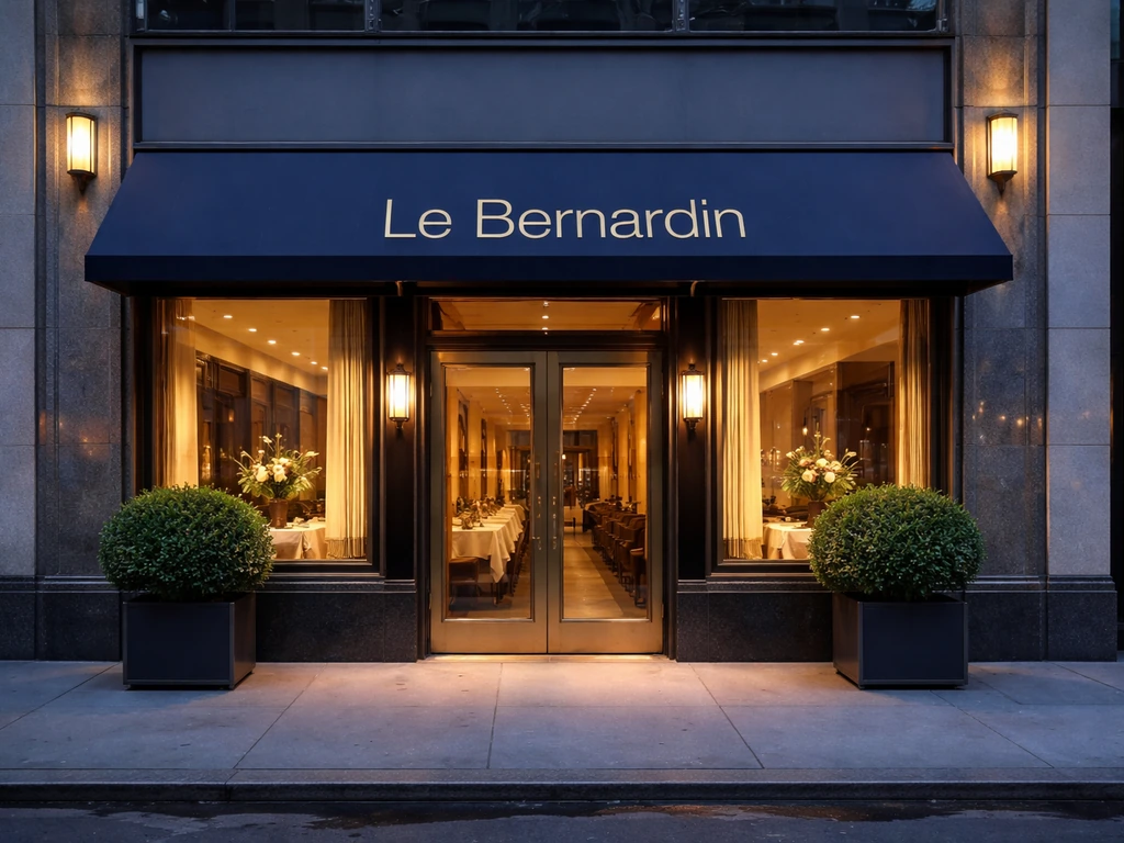 Le Bernardin restaurant exterior in Midtown Manhattan with warm lights at dusk, no people.