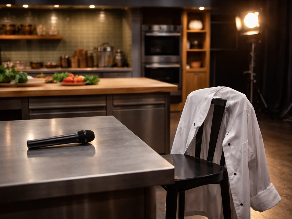 Empty TV cooking set with a chef’s jacket and a microphone, suggesting a guest-judge moment.