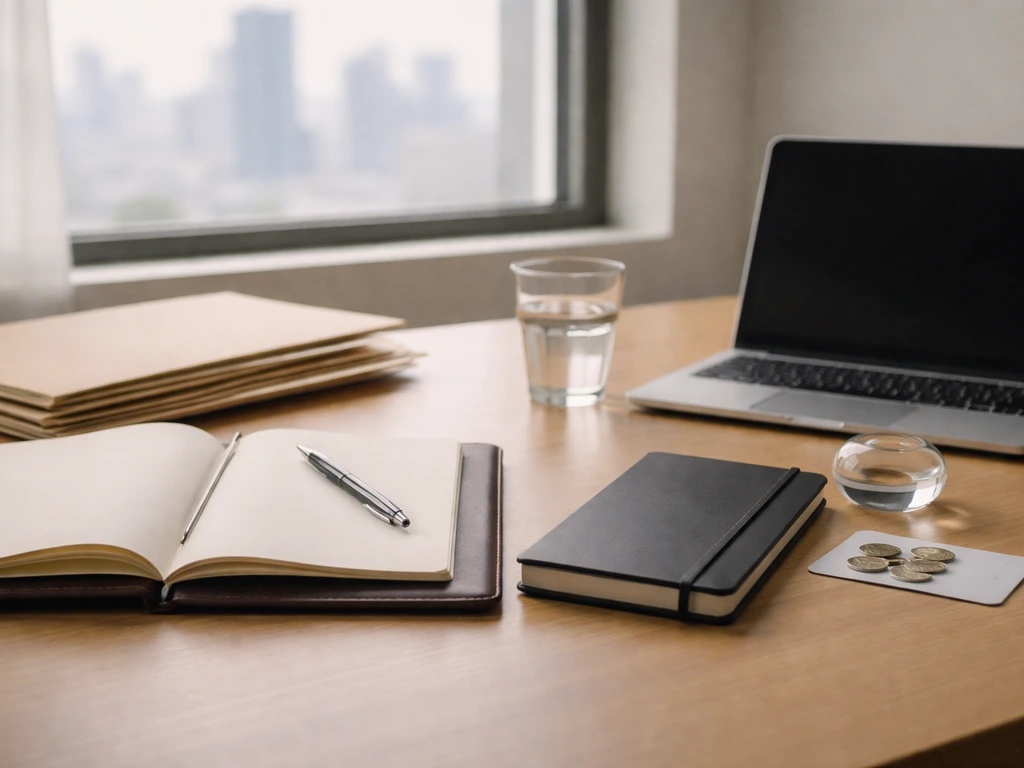 Minimal desk with pen, blank notebook, coins, and blurred city view symbolizing a wealth breakdown.