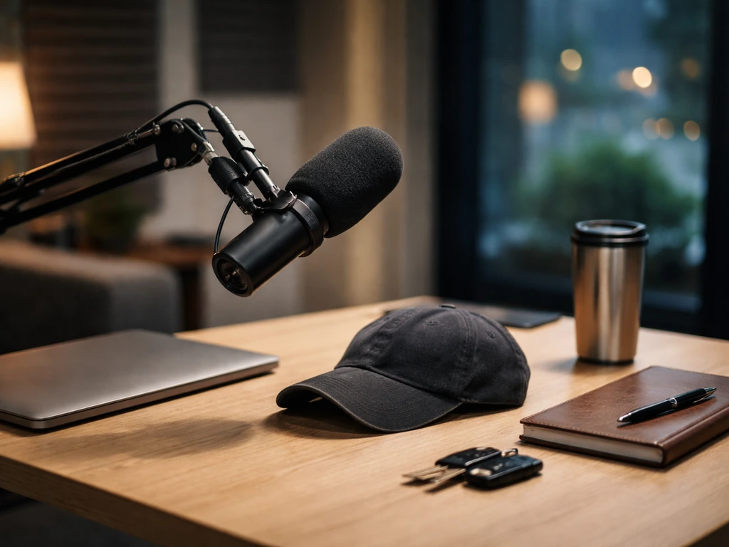 Minimal studio scene with a podcast microphone on a desk, suggesting sports media and professional wealth