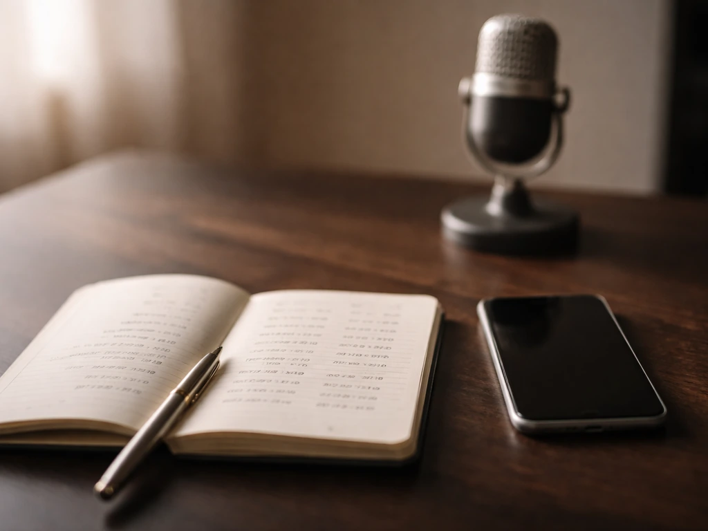 Minimal desk scene with a notebook of contract-like numbers and a radio mic icon in the background