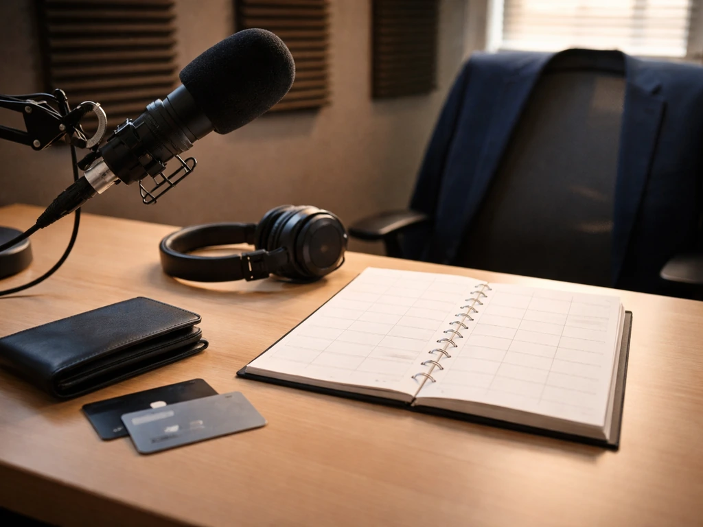 Minimal photo of a sports radio studio desk with microphone and a calendar-like timeline laid out