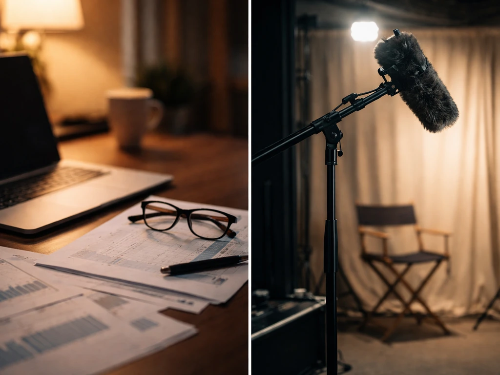 Split-scene photo showing two ambiguous business-media environments with wealth and entertainment cues