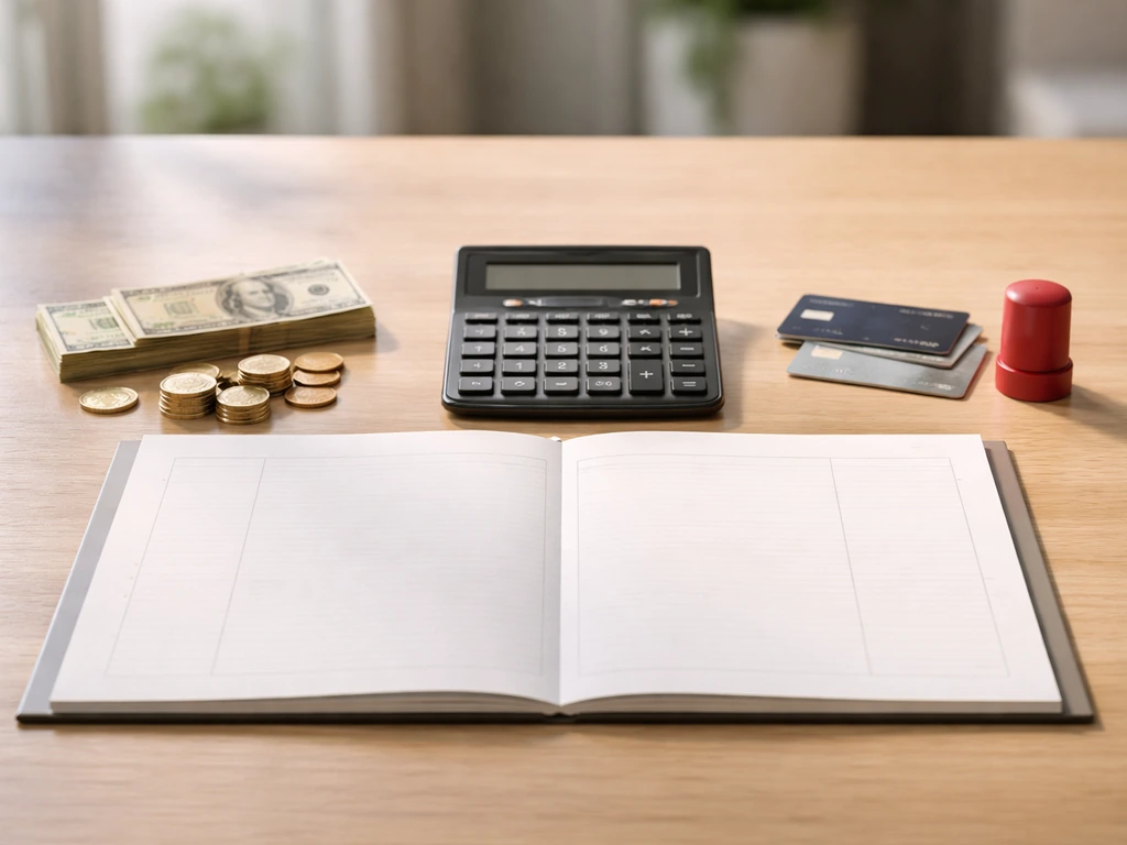 Desk scene with calculator and balance-sheet style paper separating assets and liabilities.