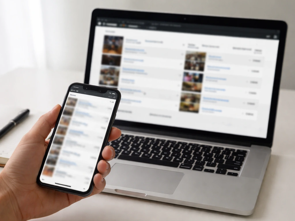 Hand using smartphone and laptop to review a media credits page and search results for verification