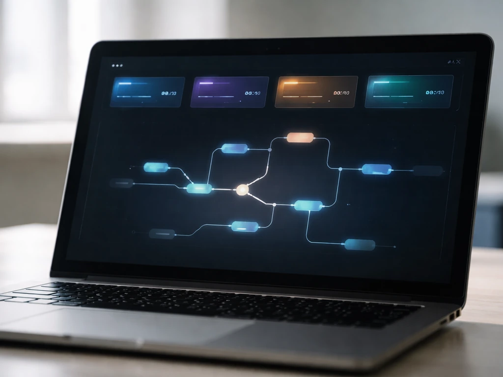 Minimal close-up of a process-mining style dashboard on a laptop, symbolizing equity-driven tech wealth.