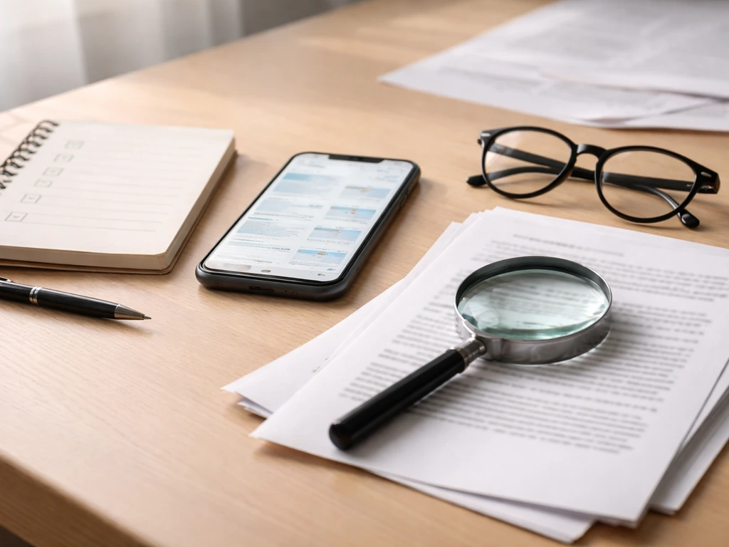 Minimal desk scene with magnifying glass, papers, and phone implying fact-checking for net worth claims.