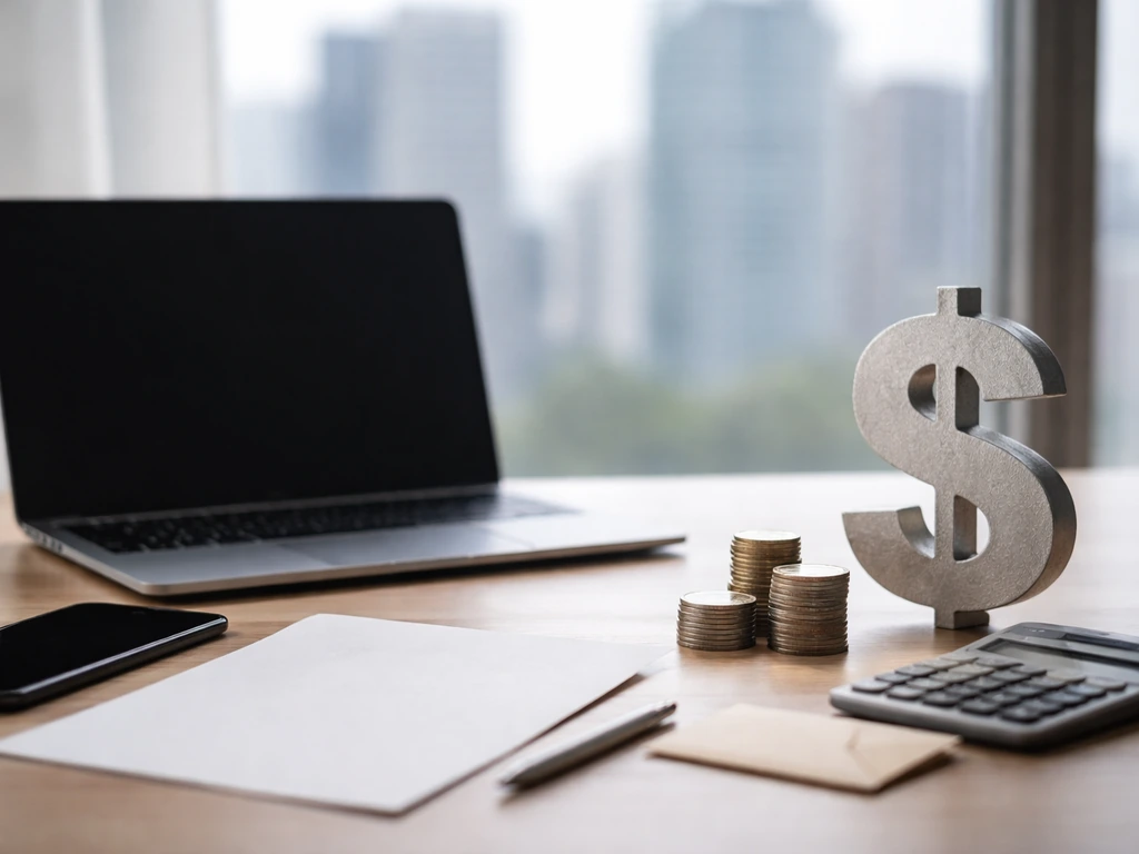 Minimal office desk with laptop, calculator, coins, and money-themed props symbolizing conflicting net-worth claims