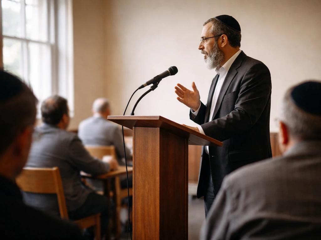 Anonymous rabbi giving a lecture at a community hall lectern with a microphone and audience in soft focus
