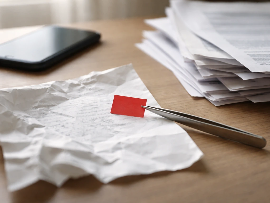 Minimal desk with a smartphone, crumpled paper, and a blank red sticky note tab suggesting unreliable figures.