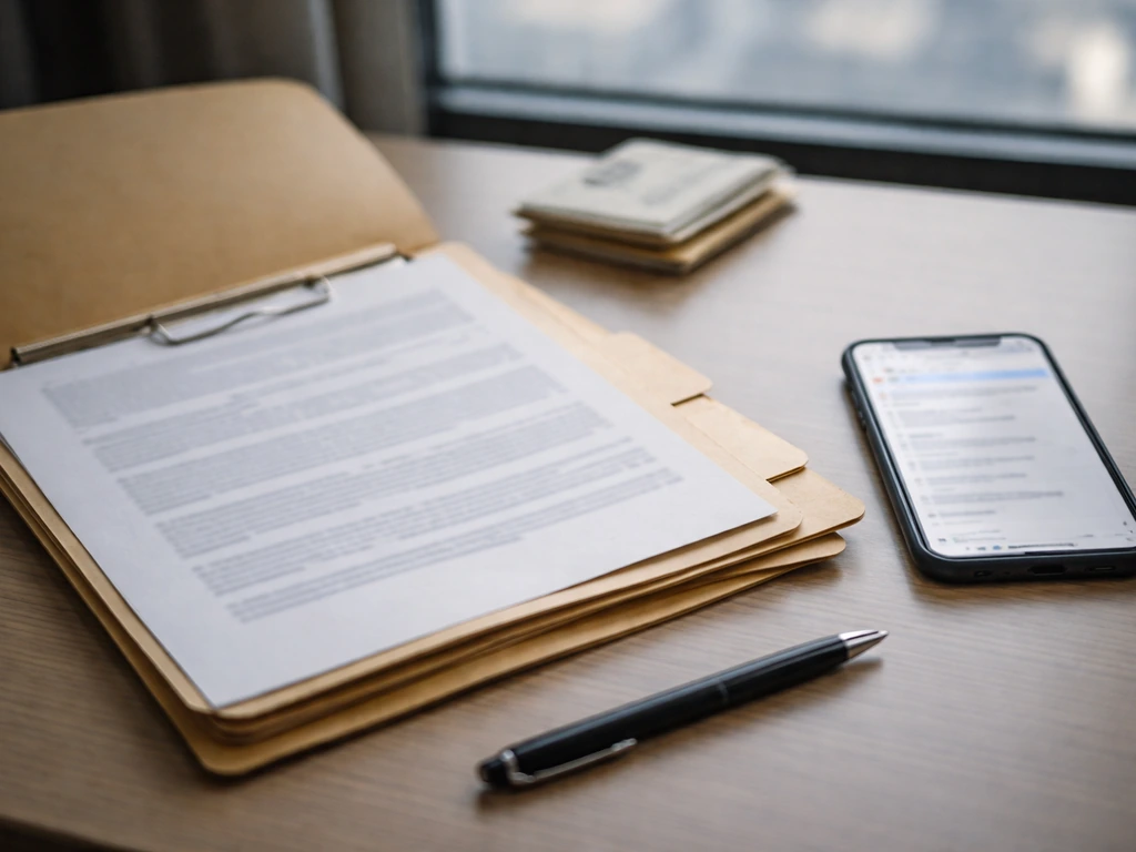An open evidence folder on a desk beside a smartphone, symbolizing researching a private net worth estimate.