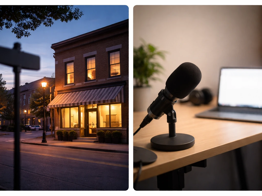 Two-panel photo collage showing NJ business and media cues for disambiguating “Ken Weinraub.”