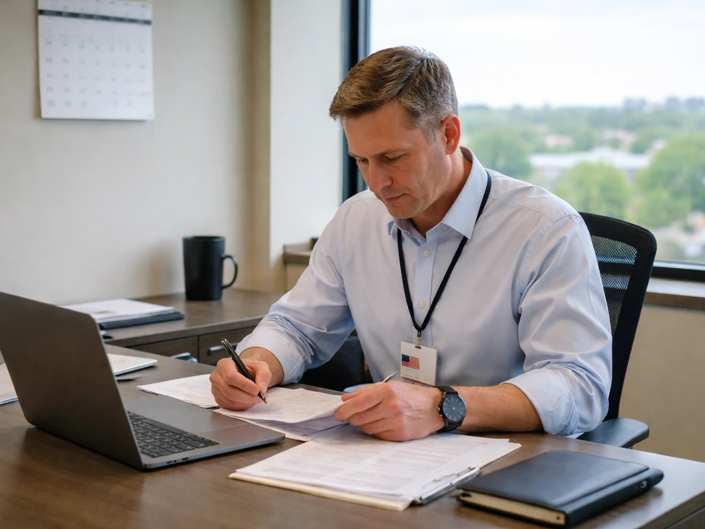 Person at a desk in a NJ office, reviewing papers near a blurred window city view.