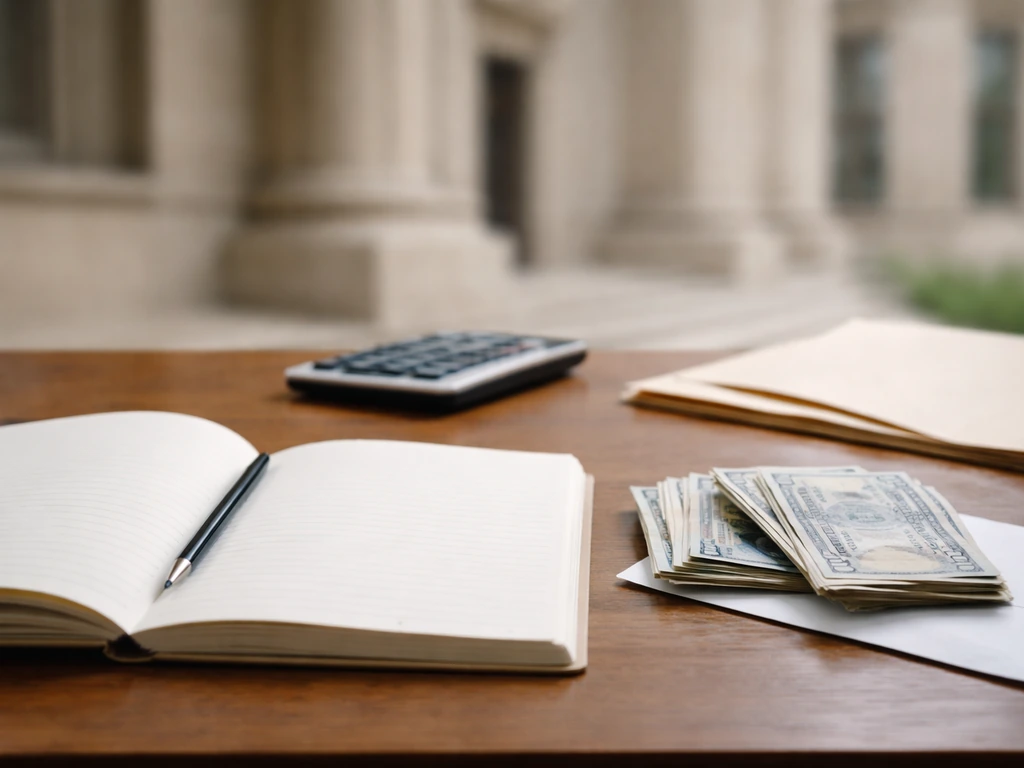 Minimal desk scene with calculator, cash, and blurred courthouse—symbolizing uncertainty in private finance research.