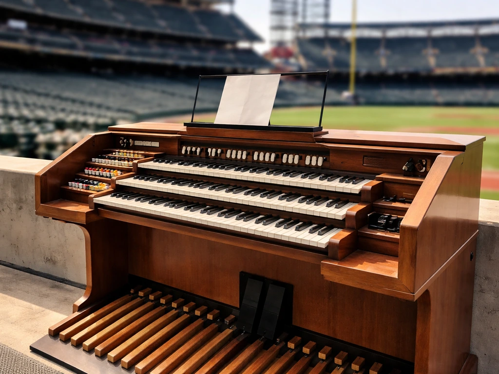 Empty stadium organ console with keys and music stand, suggesting a stadium organist identity