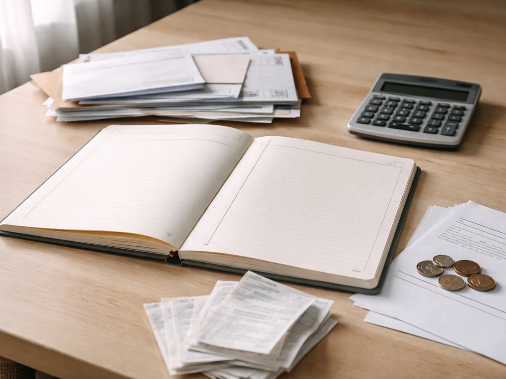 Minimal desk scene with a ledger notebook, bills, receipts, and coins suggesting assets minus liabilities.