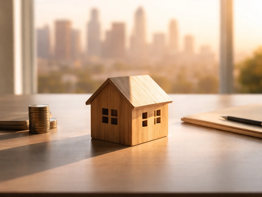 Minimal before-and-after housing market scene with a house model and blurred city background