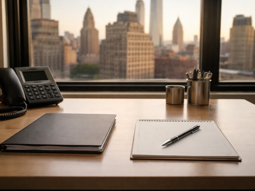 NYC leadership vibe: an empty municipal-style office with a desk and papers near a city-window view