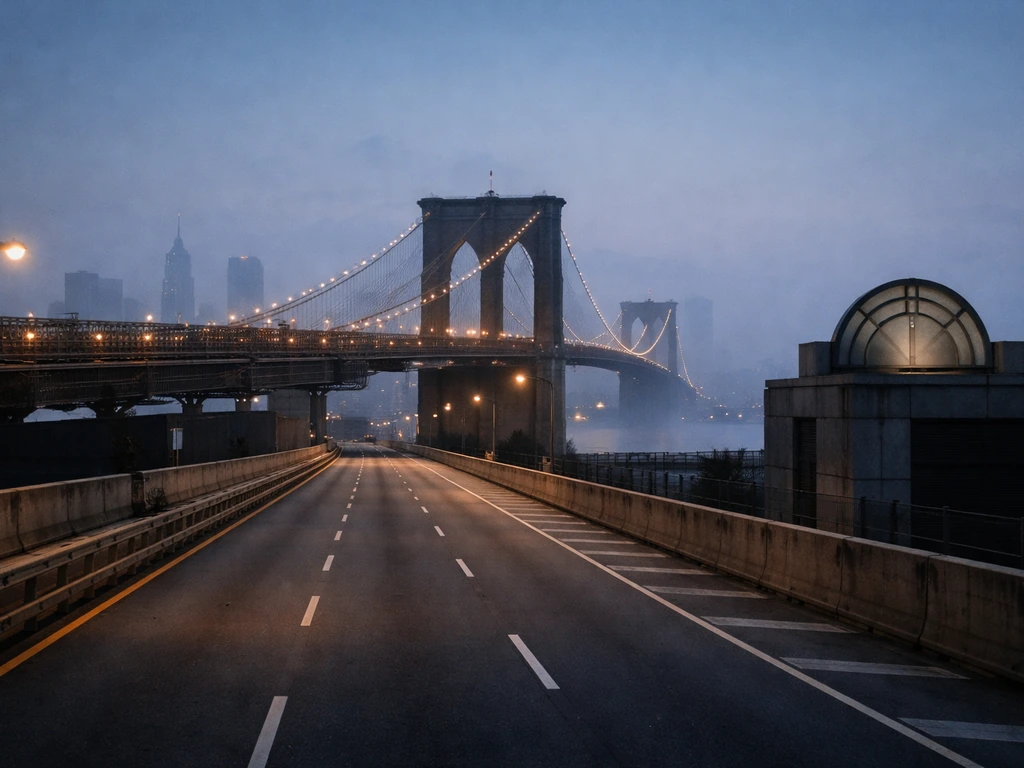 Blue-hour view of Brooklyn Bridge and NYC roadway, with a subtle unbranded emblem detail.