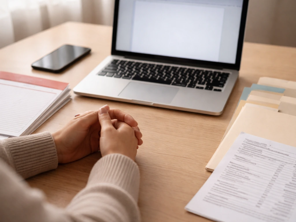 Open laptop beside paperwork and a smartphone, suggesting verifying financial and public records