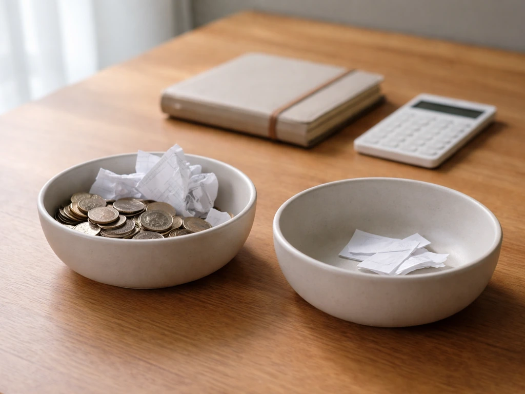 Coins in one bowl and blank paper in another on a desk, symbolizing assets minus liabilities.