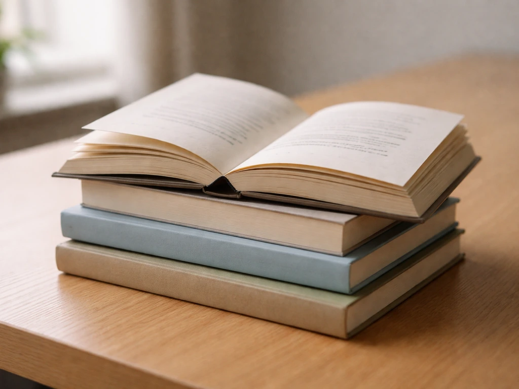 Close-up of Raëlian-style book spines and a few open pages on a clean reading surface.