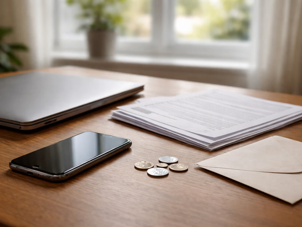 Desk with smartphone, laptop, and scattered coins suggesting comparing online net worth estimates