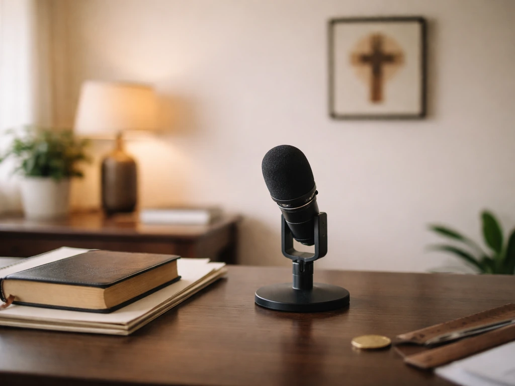 Minimal office desk scene with a microphone and subtle wealth symbolism, representing public-profile net worth analysis