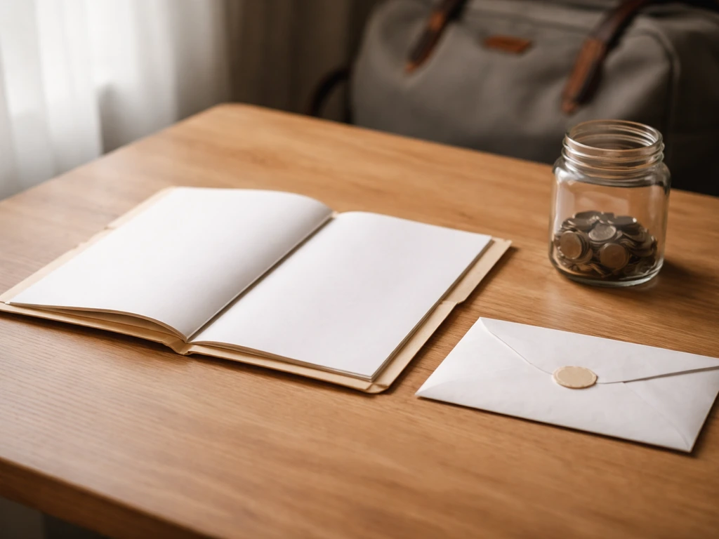 Minimal desk scene with a donation envelope, a nonprofit folder, and a small cash jar suggesting ministry income sources
