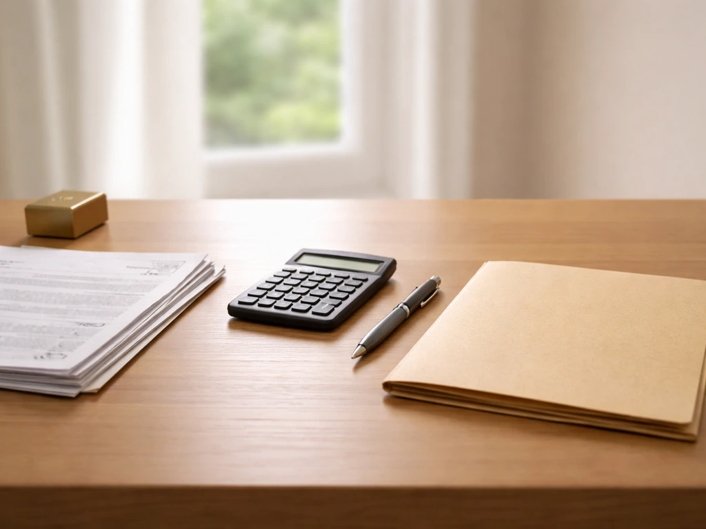 Minimal desk scene with a folder, calculator, and stamped envelope symbolizing building a defensible estimate