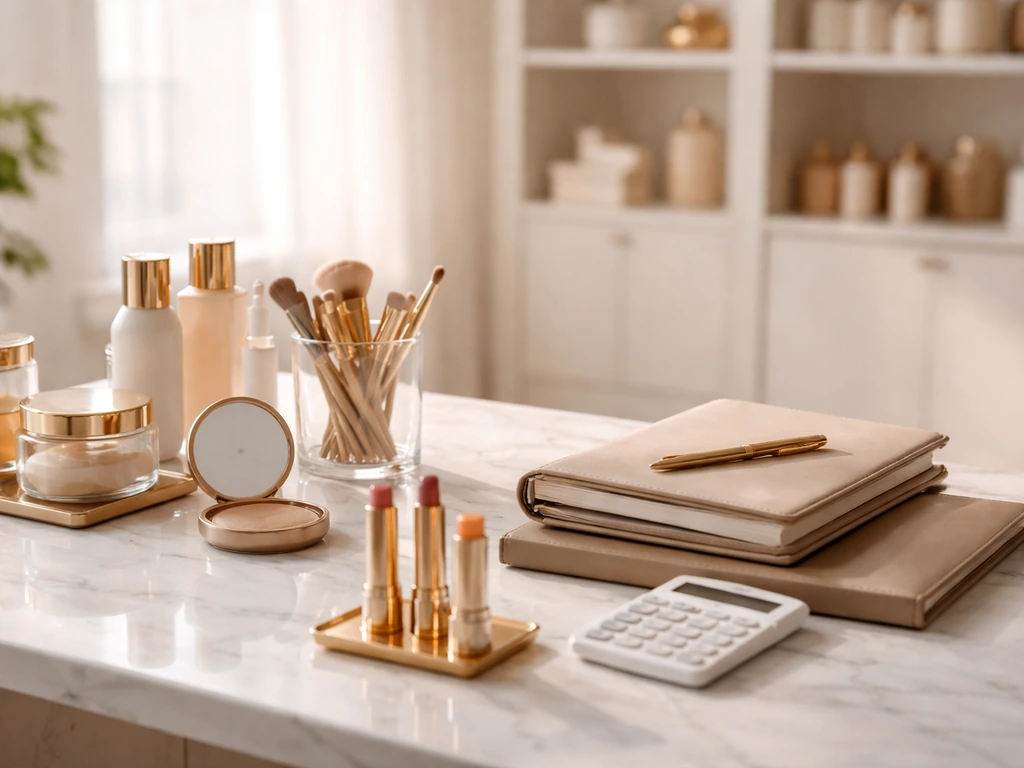Beauty business founder scene: makeup studio desk with luxury products and a calculator, hinting at wealth analysis