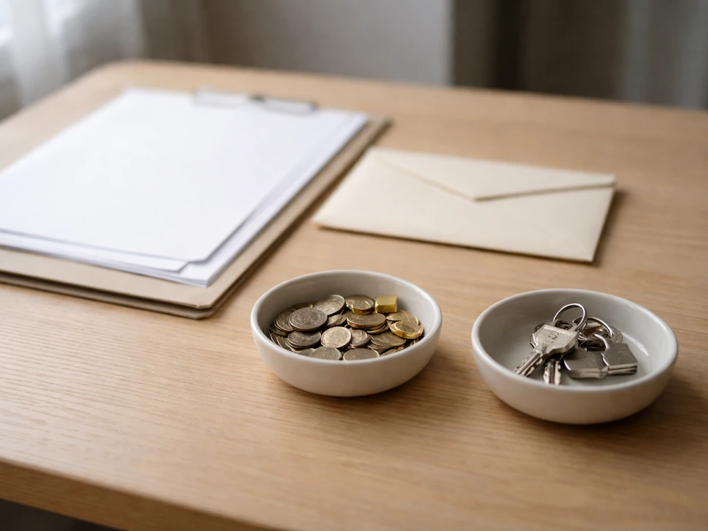 Minimal office desk with unlabeled financial papers and two separate bowls suggesting assets vs liabilities.