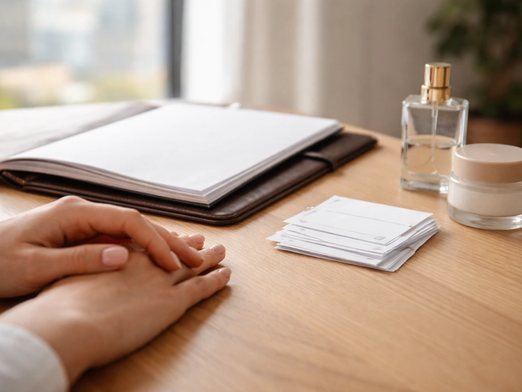 Minimal desk scene with a document folder and scattered beauty-industry items symbolizing founder equity and investments