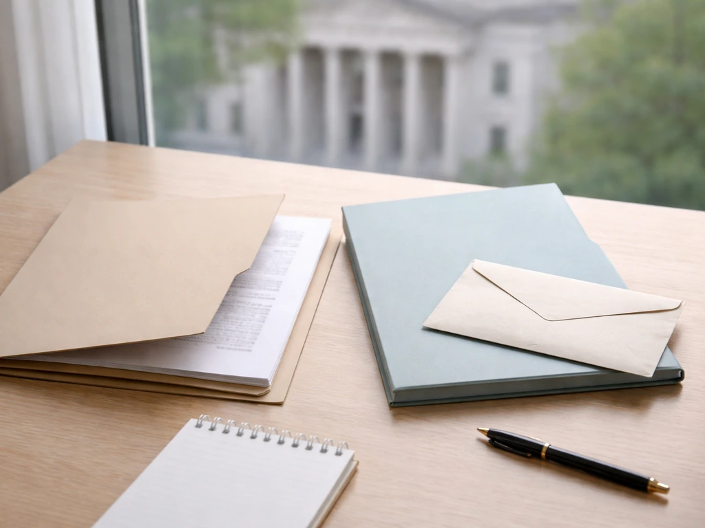 Minimal desk scene with public-records folder and a sealed envelope symbolizing observable vs unobservable valuation.