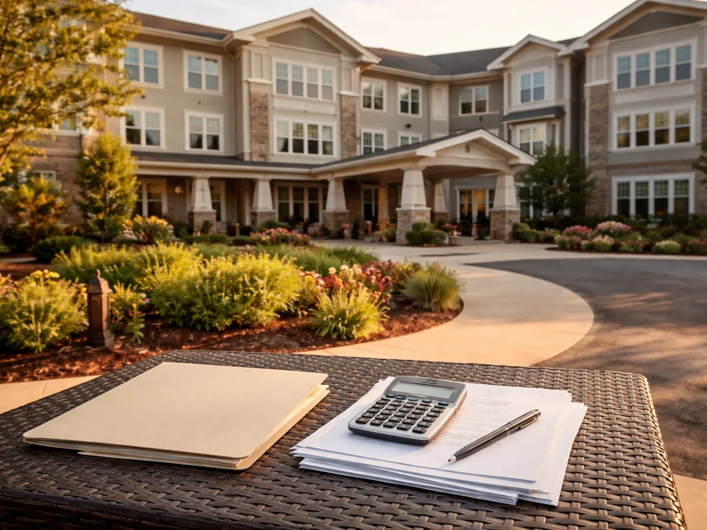 CCRC building exterior with generic financial documents and calculator on a nearby table