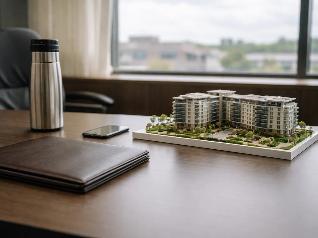 Minimal office desk with a senior living building model and planning materials, suggesting long-term care real estate.