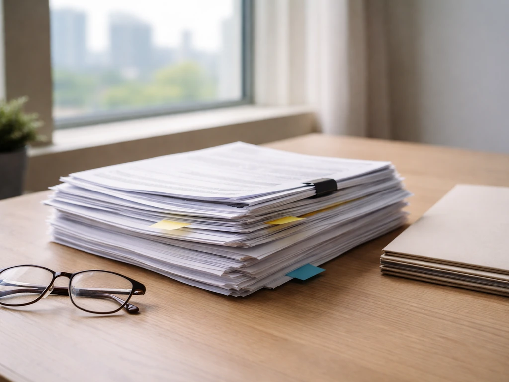 Stack of long-term care real estate disclosure and transaction papers on a desk in natural light.
