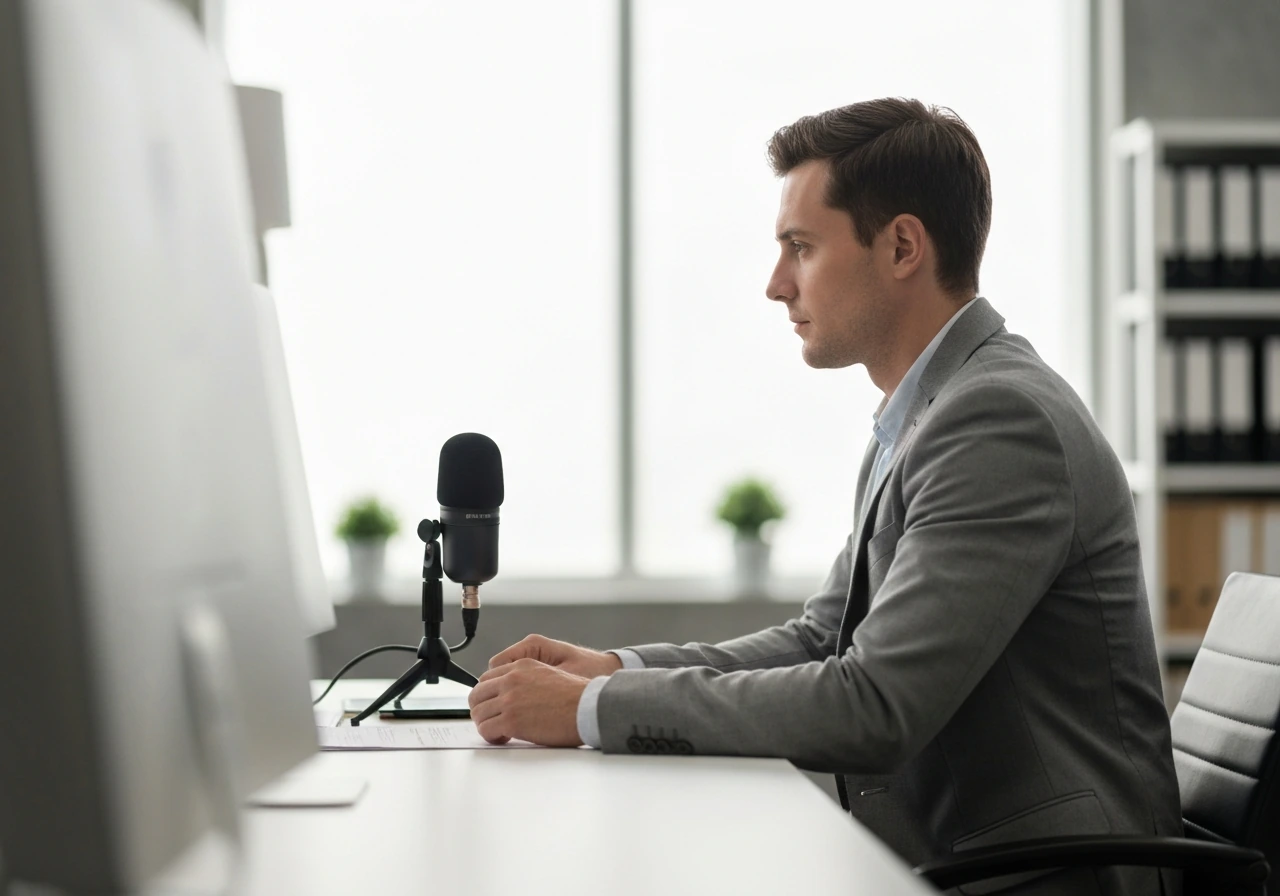 Anonymous journalist in a newsroom with a microphone on a desk, blurred background, natural light.