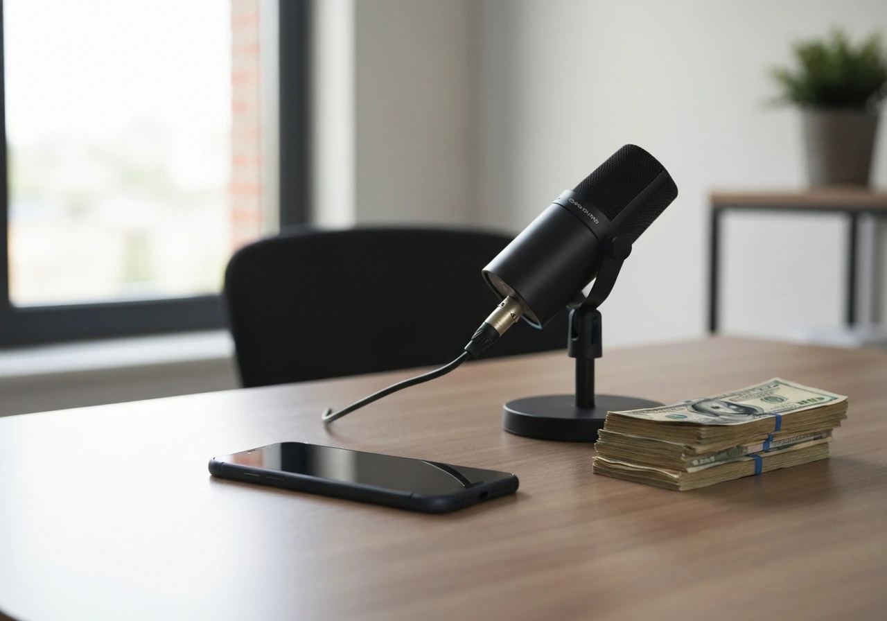 Minimal office desk scene with a microphone, smartphone, and cash, symbolizing media career income sources.