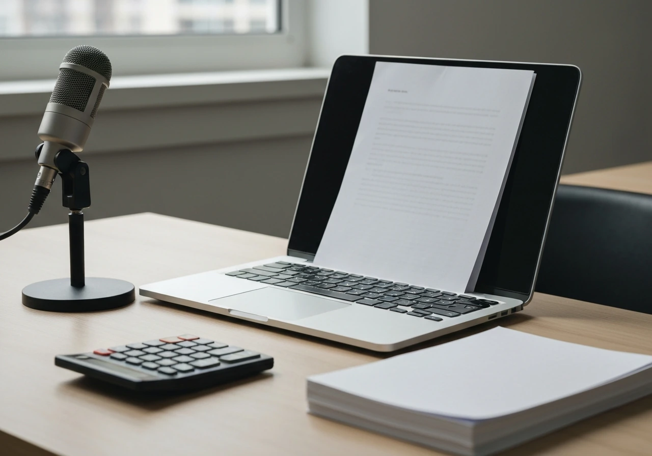 Minimal office desk with laptop, blank documents, microphone, and calculator symbolizing an estimate methodology