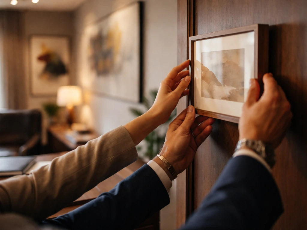 Minimal scene symbolizing a Dallas investor and art-collector couple in a refined office setting