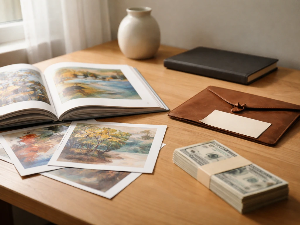 Minimal photo of an art book, donation envelope, and cash on a desk suggesting separate household assets