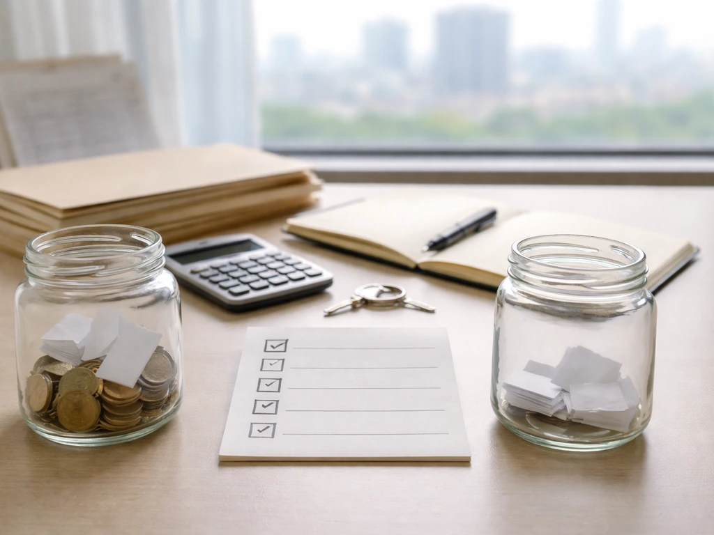 Minimal desk scene showing assets vs liabilities with blank evidence-style checklist and financial tools.