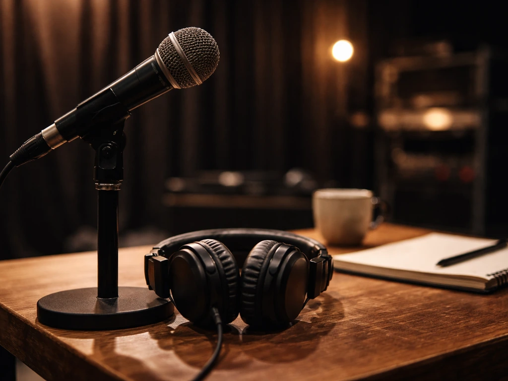 Close-up of a studio microphone and headphones on a wooden table in a softly lit concert room.