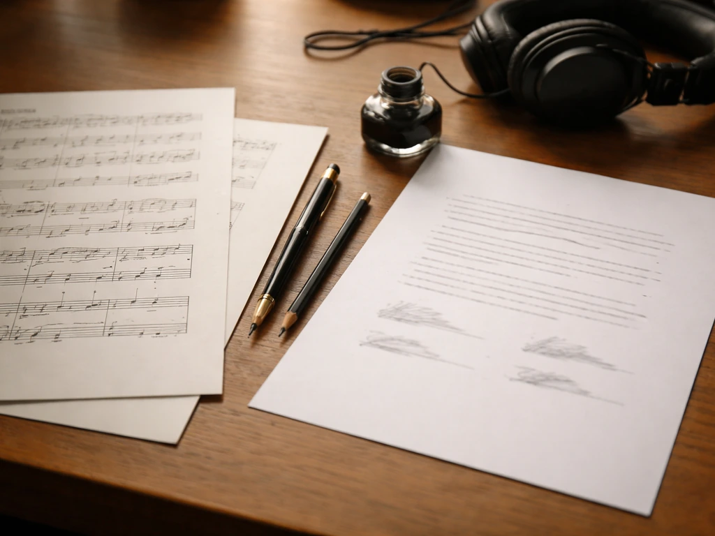 Close-up of sheet music, a commission-style contract paper, and a composer’s tools on a desk